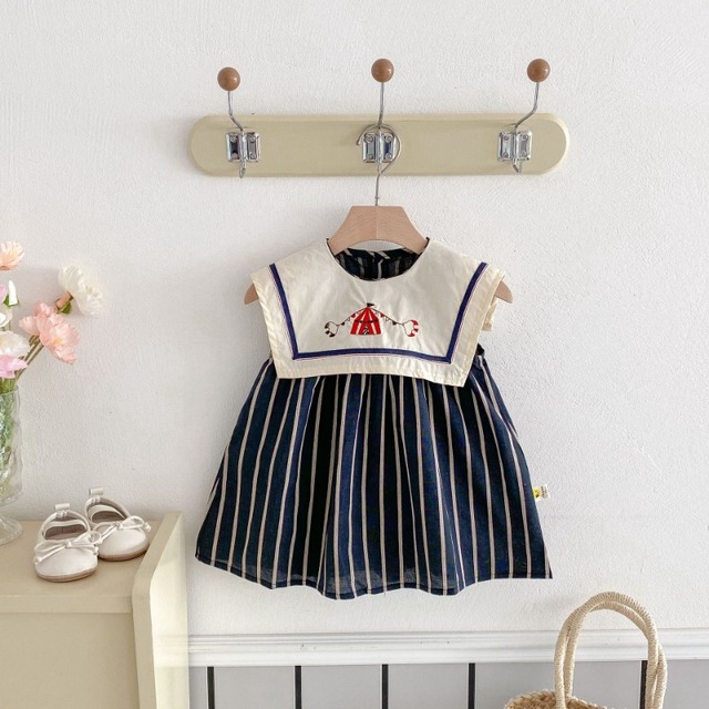 【BABY】ネイビーストライプ刺繍セーラーノースリーブワンピース - 1