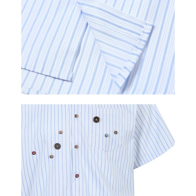 blue stripe multi-button short-sleeve shirt　ブルーストライプマルチボタン半袖シャツ　J2090
