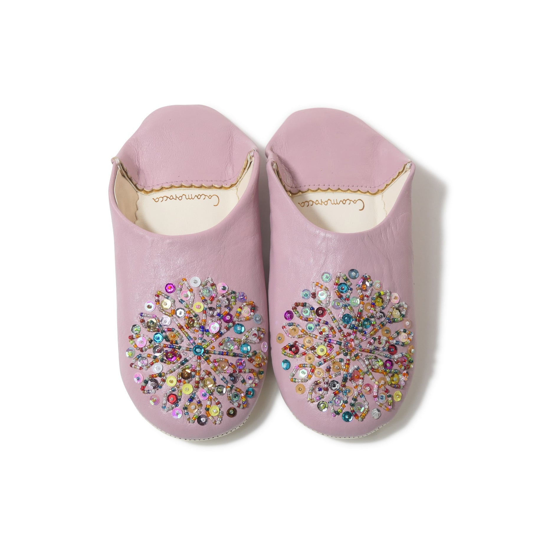 受注生産 ピンク(ミックス スパンコール)レザー バブーシュ スリッパ