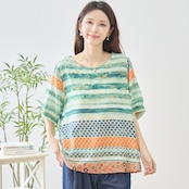 TRUBE マルチボーダーエスニックプリントトップス【M~L】