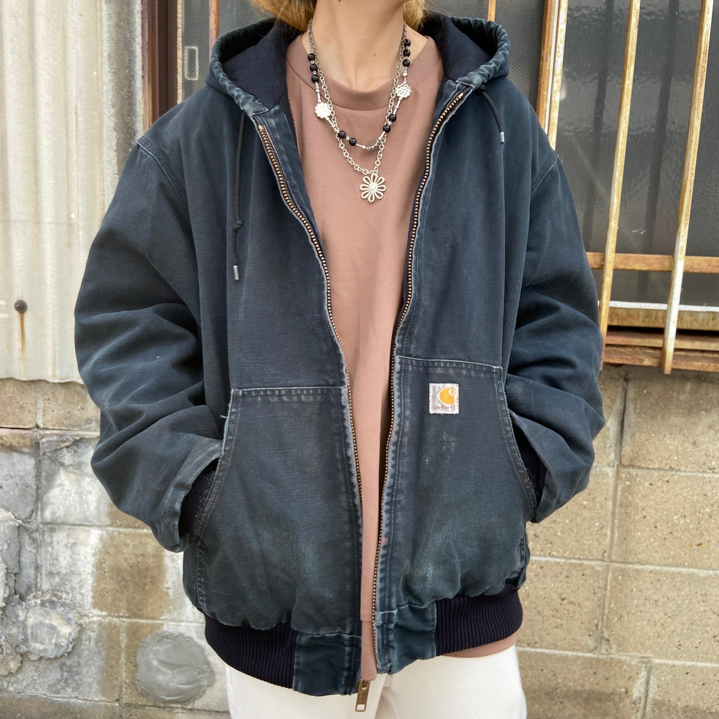 カーハート アクティブパーカー ワークジャケット メンズXL 古着 フルジップパーカー 中綿キルティングライナー Carhartt ダック地 ブラック  黒【ワークジャケット】 | cave 古着屋【公式】古着通販サイト powered by BASE