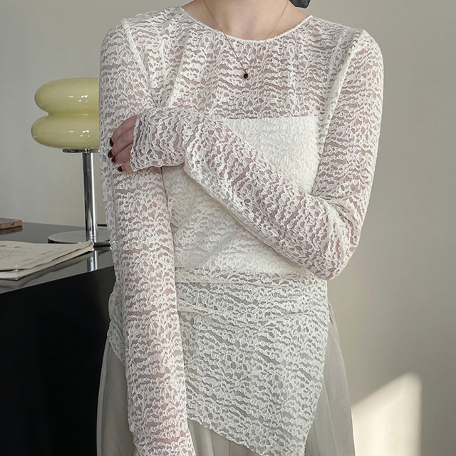 side-slit sheer crew neck top L0138