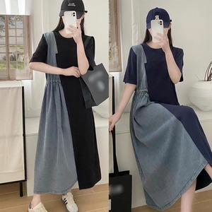 DENIM DRAWSTRING WAIST CONTRAST LONG DRESS M-18093