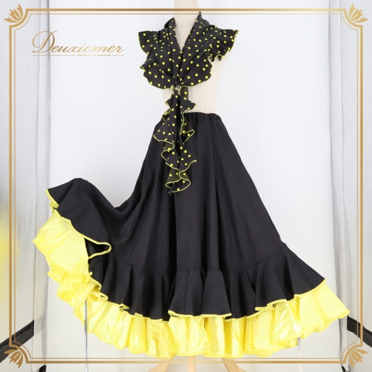 フラメンコ 衣装 ファルダ スカート ブラック系 水玉 ドット柄 黒 黄 華やか ボリューム 無地 シンプル 練習 レッスン イベント ステージ ピキージョ かわいい ボランテ フリル シージョ イエロー系