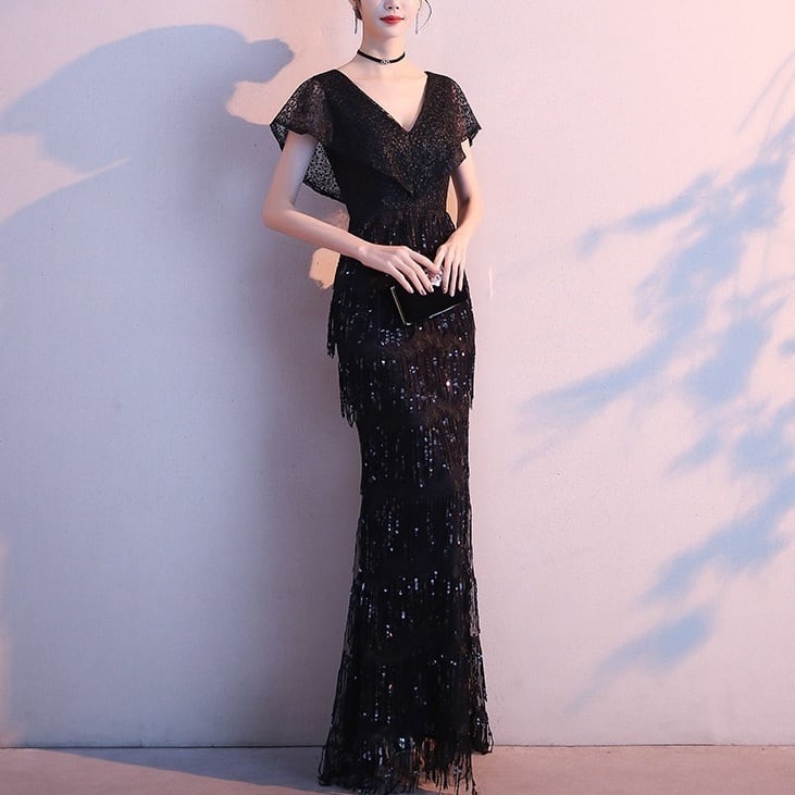 パーティ イブニングドレス フリンジ スパンコール 光沢感(M9540)ζ