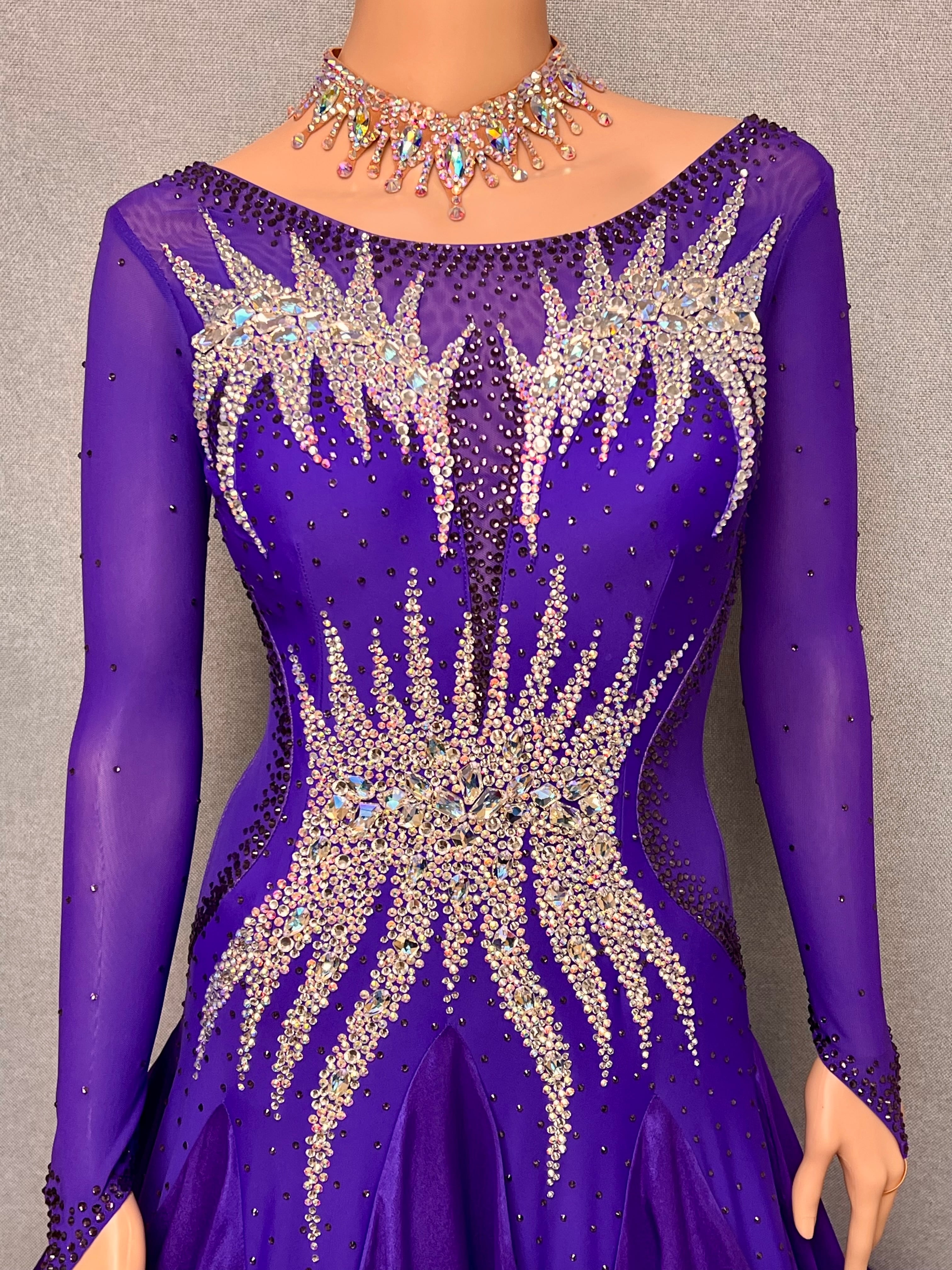 【新着】社交ダンス ドレス　モダン　スタンダード ドレス　ST-26-8　　パープル（袖ファー）　M　デモ・競技用ドレス　発表会　衣装　パーティドレス　ワンピース　舞台衣装