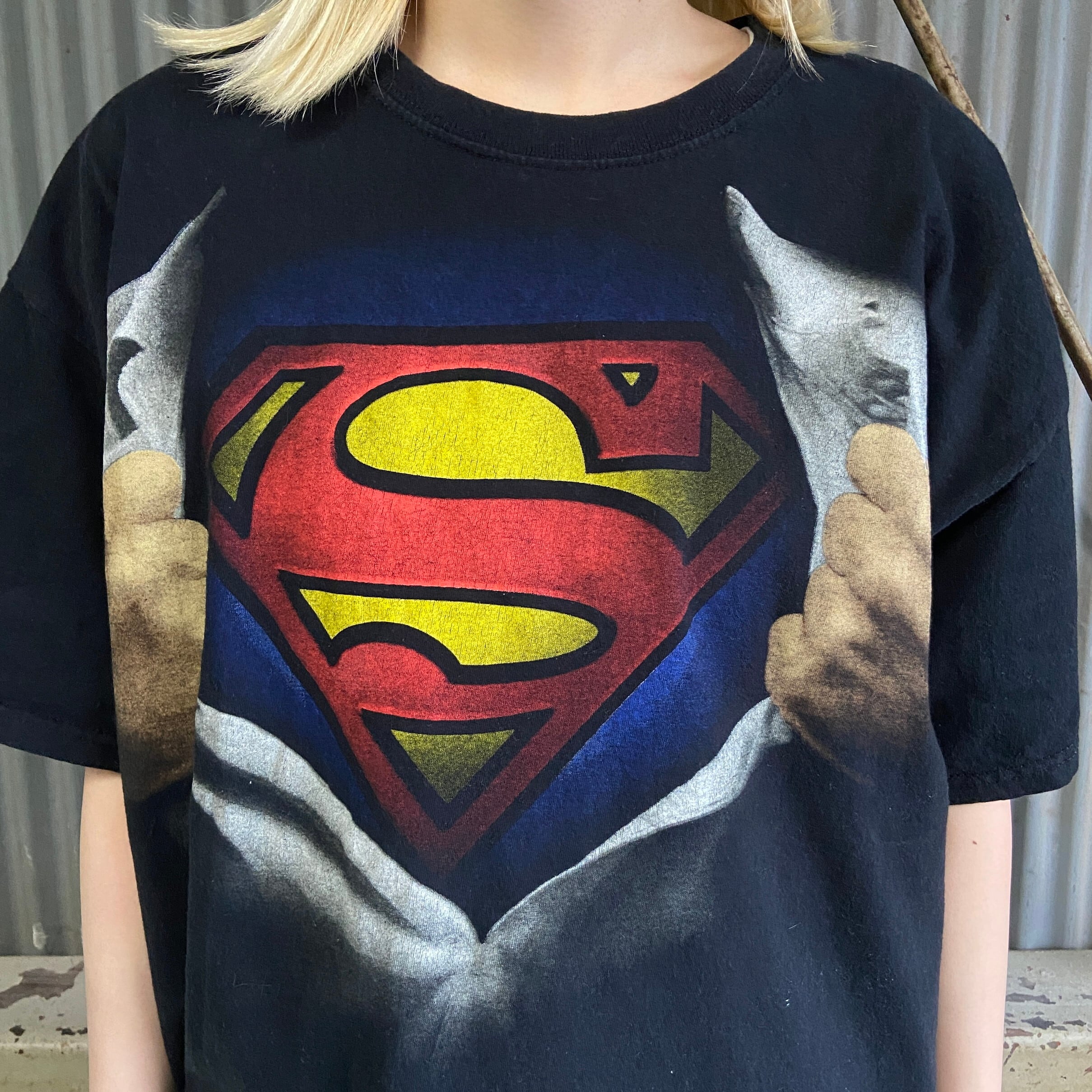 Superman スーパーマン だまし絵 プリント ムービーTシャツ メンズXL