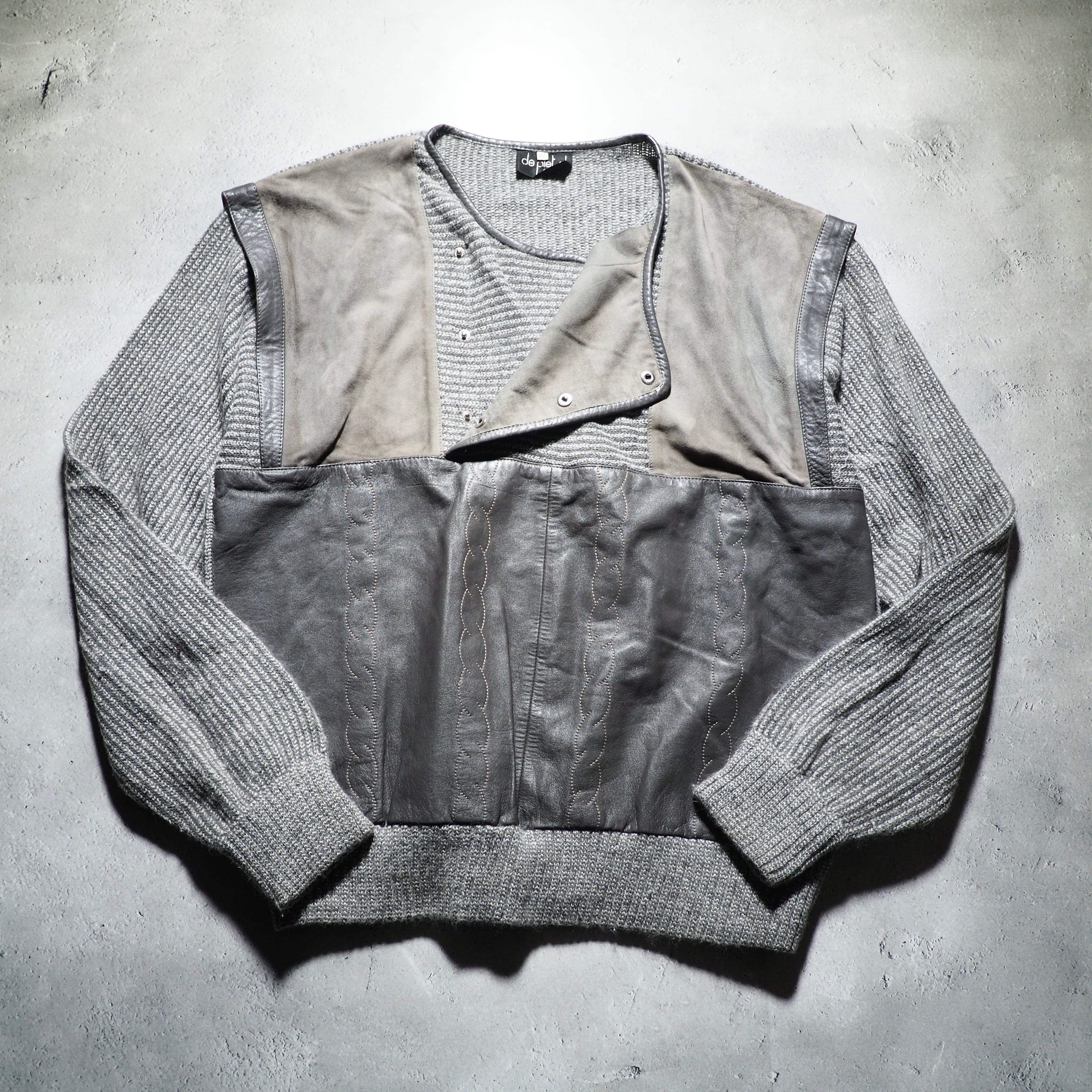 1980 - 90s " 変形 - Deformation " suede leather  switching vintage loose knit (made in Italy)