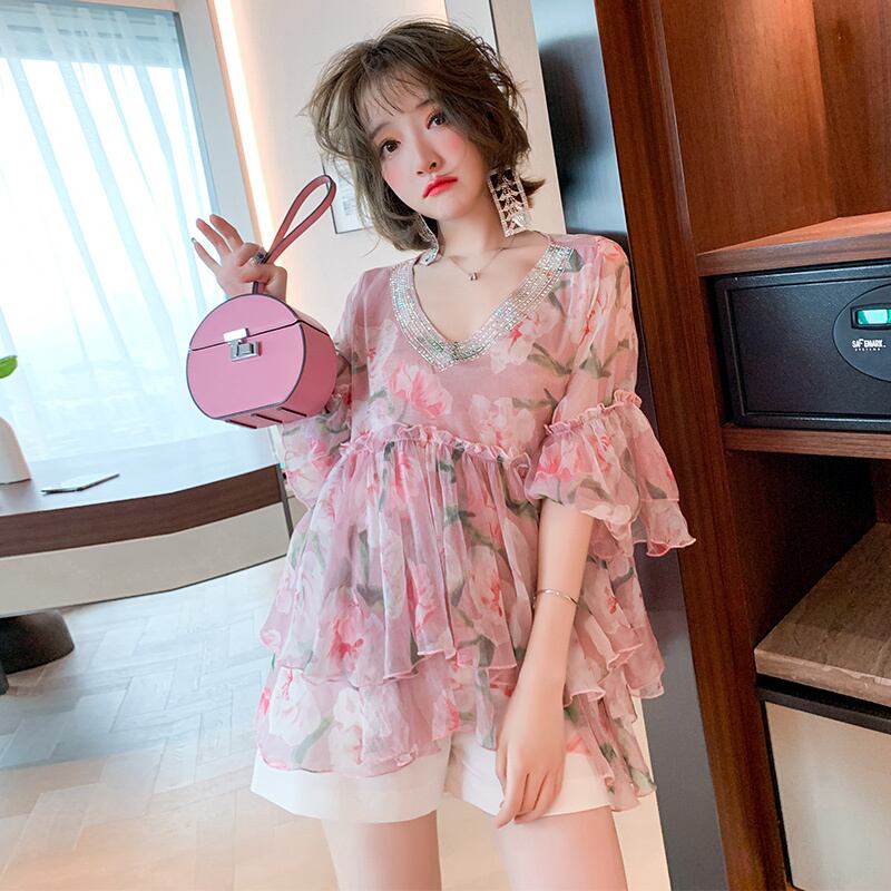 Vネックラインストーンスリーブプリントシフォンシャツ オータムサマー 夏物 秋物 ステッチ MIUCO67234043062