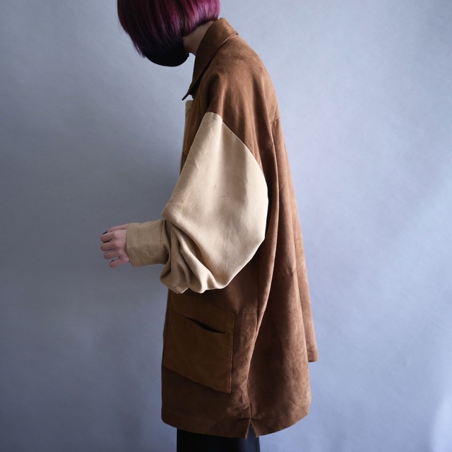 switching and fly-front zip-up design over size fake suede shirt jacket