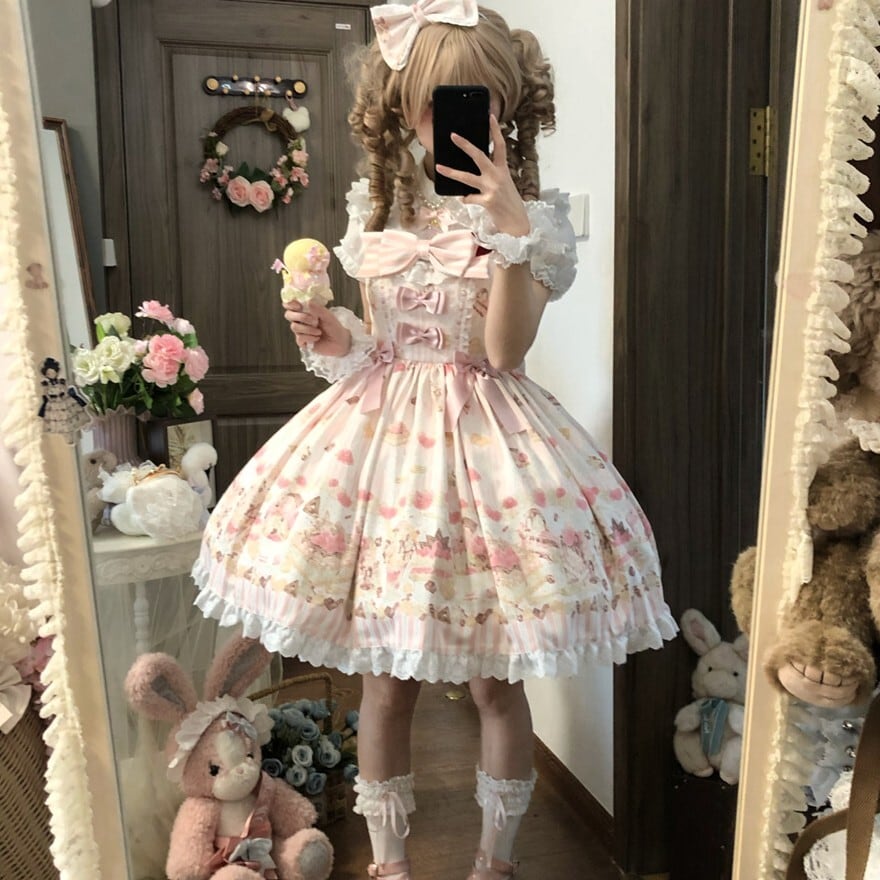 甘ロリ｜リボン装飾フリルジャンパースカート（ピンク）お茶会向け