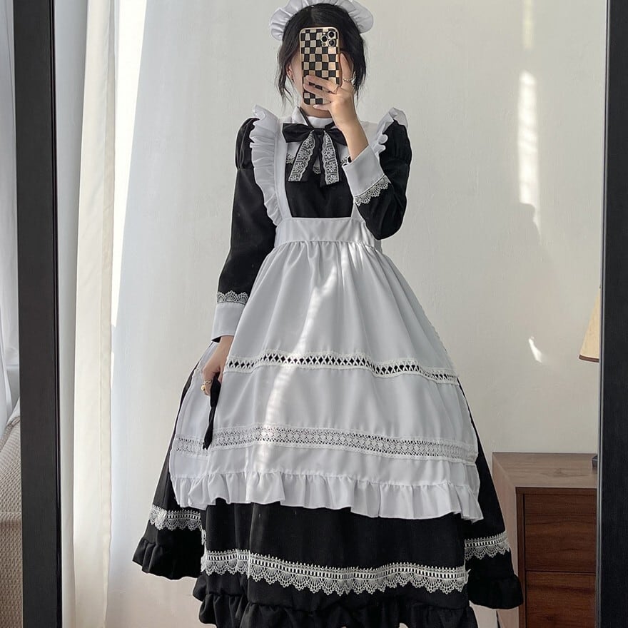 MDDメイト服セット黒 メイド服 クラシカル 英国風 伝統的メイド服 制服 メイドカフェ