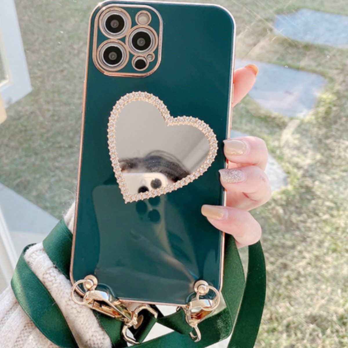 グリーン系】キラキラ ハート ミラー 鏡 ショルダーストラップ