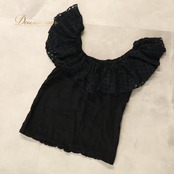 フラダンス 衣装 AREMITI アレミティ トップス カットソー ブラック系 黒 真っ黒 無地 シンプル ハワイアン アロハ フラ ダンス レッスン 練習 ハワイアンダンス デザインカット フリル かわいい おしゃれ 上品 華やか 大人っぽい 練習着 ダンス衣装 レッスンウェア