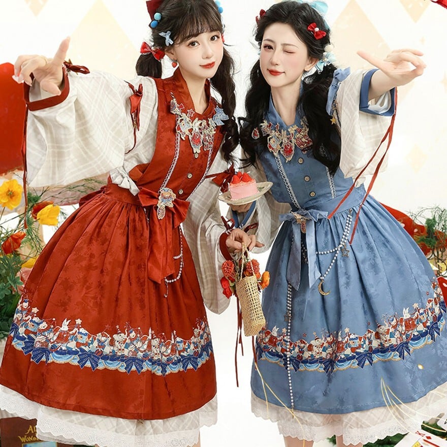 中華ロリータ 物語風プリント ジャンパースカート+ブラウス セットアップ 膝丈2点セット|SEASONZ