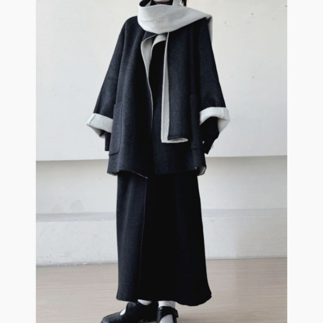 Loose collarless coat and muffler set【2color】 C0868