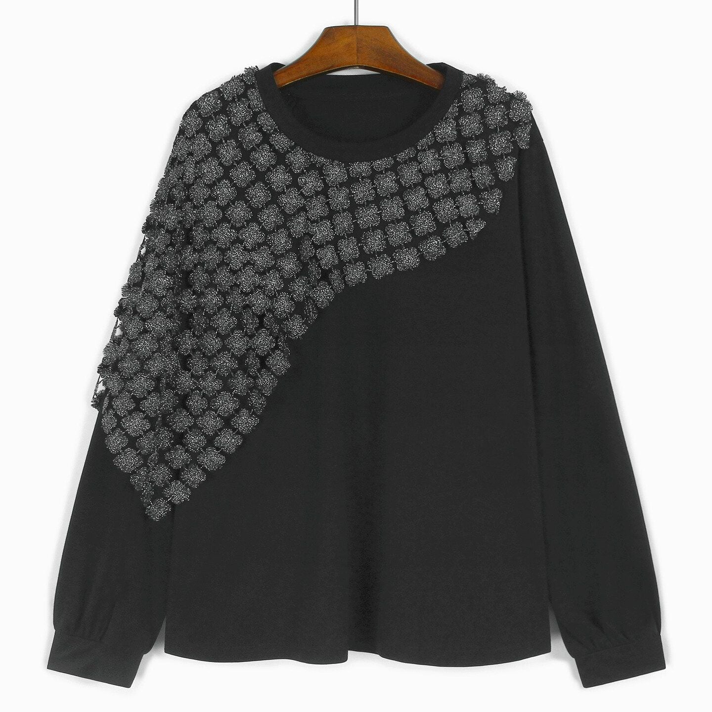 BLACK FLOWER MOTIF MESH FLAP PULLOVER TOP & PANTS 1color M-14776