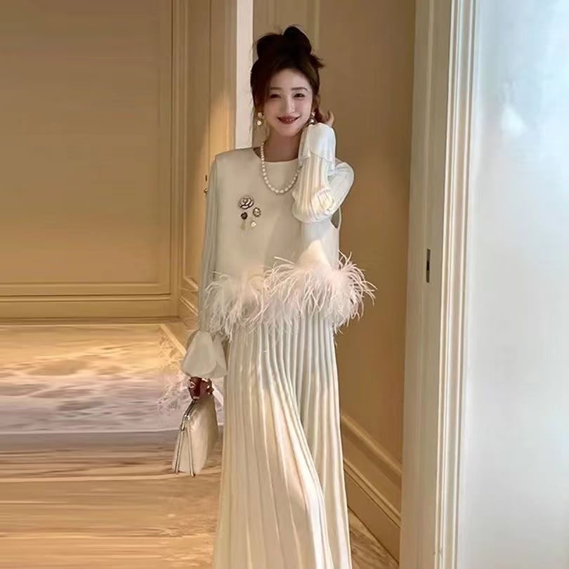 【set】ポイントフェザーベスト×ニットワンピースセット N2046