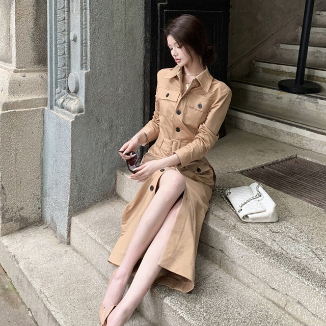 トレンチ風ワンピース ロング丈 シングルブレスト タイト ダークベージュ S M L