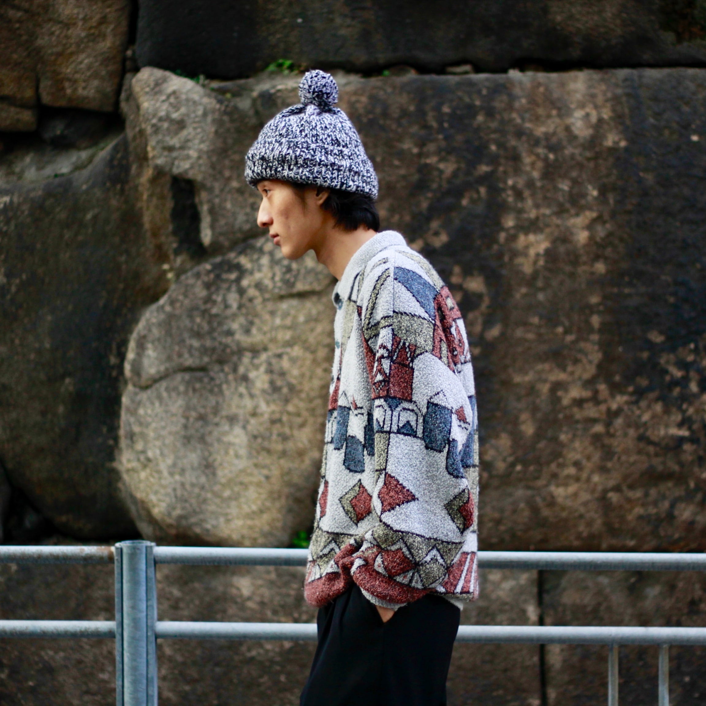 0157 / abstract pattern knit polo 総柄 ニット セーター 長袖ポロ