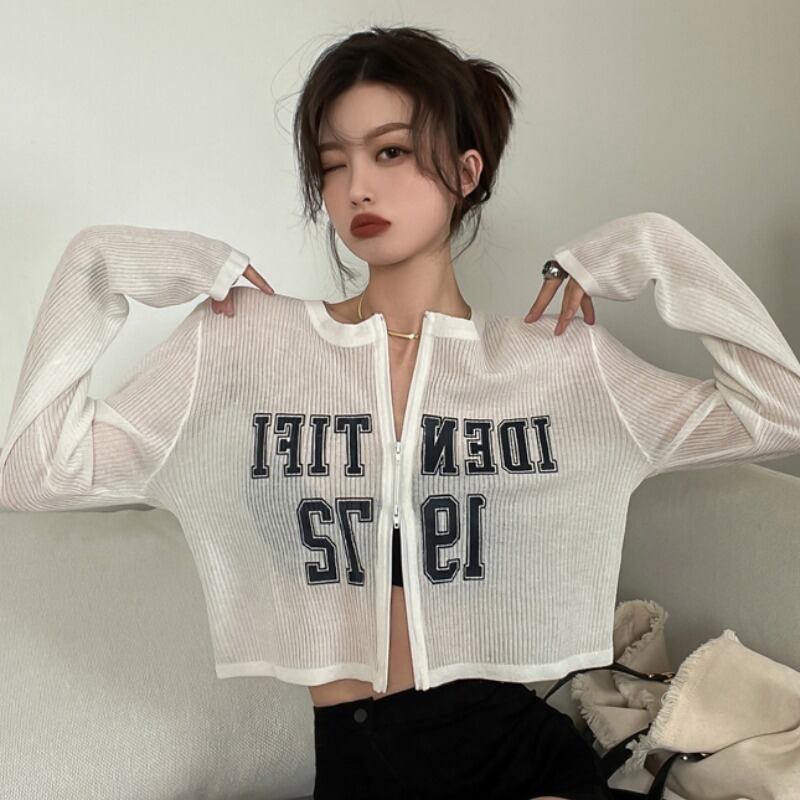 プリントTシャツ ニットカーディガンサマールーズ薄手ショートクロップドラウンドネックトップス ロング 夏物 Oネック シルク YY-ファッション9412265470