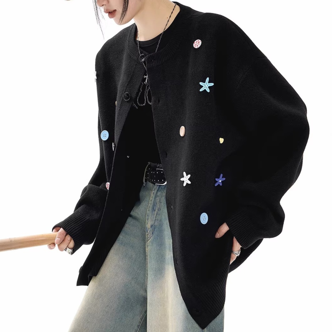 Knit Cardigan with Starfish Buttons, Relaxed Cozy Sweater (ME266)