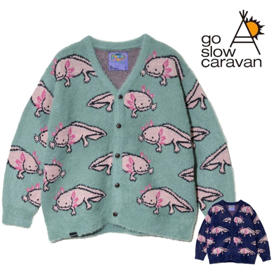 goslowcaravan シャギーニットカーディガンウーパールーパー柄(2カラー)