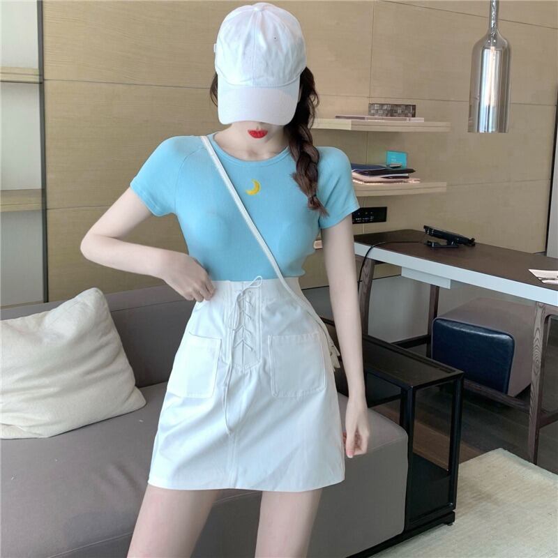 スタイルサマーTシャツ ハイウェストウェストスカート レッド 刺繍 夏物 ハンチェンe4100247644