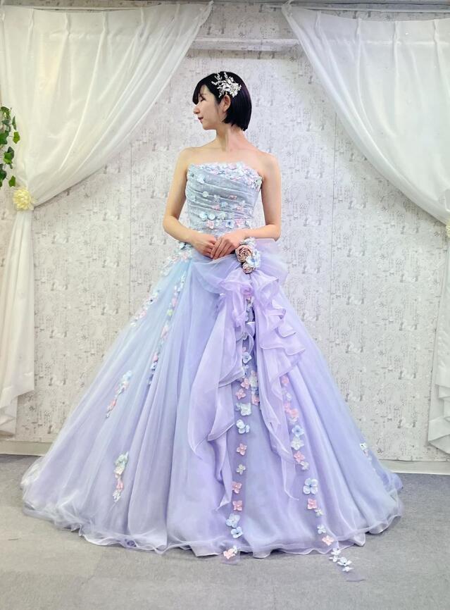 カラードレス 花モチーフ オーキッド ベアトップ ミニトレーン