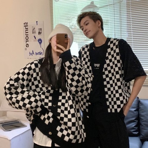 ニットカーディガン 秋冬 ユニセックス レディース メンズ ペア 前あき 羽織り Vネック ルーズシルエット チェック柄 大きサイズ トップス おしゃれ 韓国オルチャン 大人可愛い 30代 40代