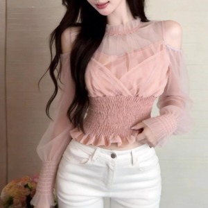 オープンショルダーシャーリングシフォントップス ・14269