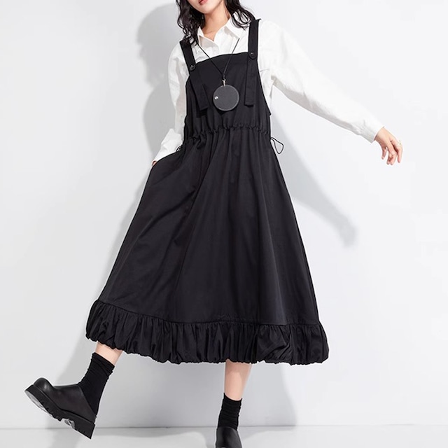 ボタンストラップ マキシ丈 フリルヘム ワンピース 1color ON0990