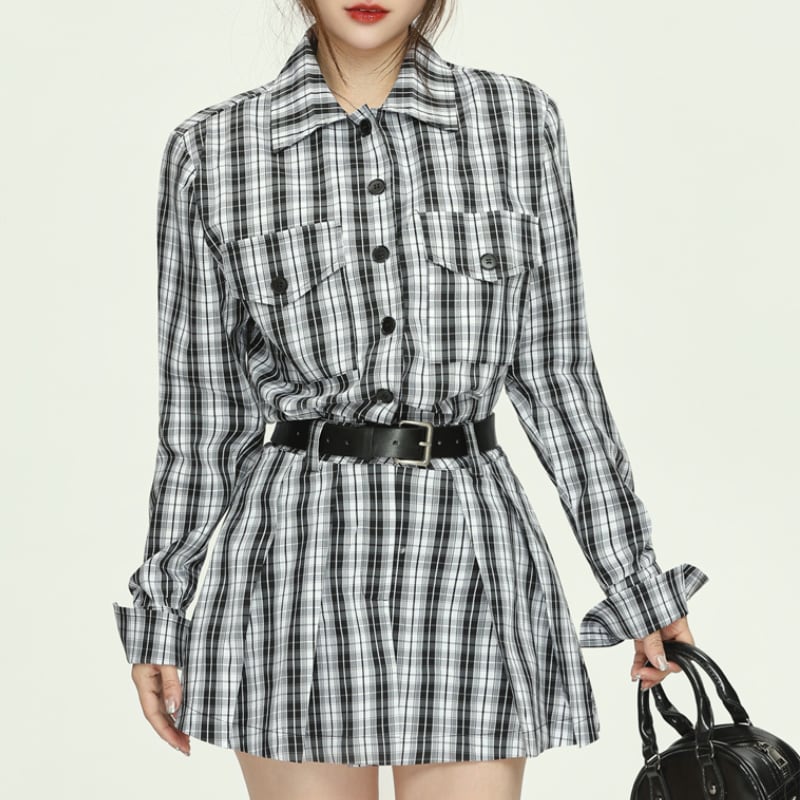 monotone check shirt one-piece la1446