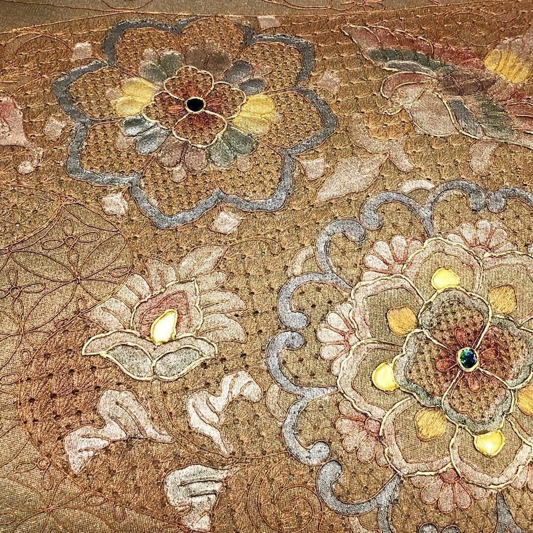 袋帯 美しい華柄模様 鳥 汕頭刺繍 螺鈿 蒼白色 O-1552 袋帯 美しい華柄模様 鳥 汕頭刺繍 螺鈿 蒼白色 O-1552