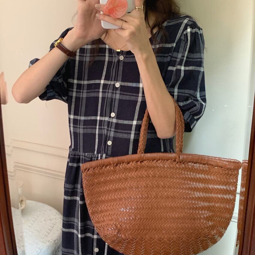 スタンダード格子柄スカート サマールーズラウンドネックカラー半袖スリーブドレス レディース ショート レトロ ハーフスリーブ 夏物 Oネック ビッグFスモールZ韓国70816575358