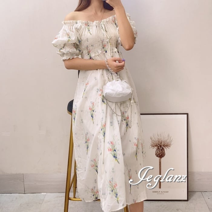 花柄 シャーリング ワンピース きれいめ 肌透け 大人 フェミニン(M6085)β