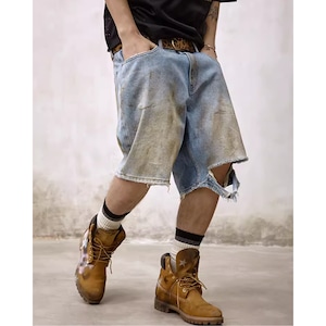 【DRIP5039】RMD Stain Design Damage Cut Denim Shorts