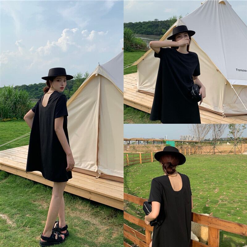 ルーズブラックTシャツ スカート サマースタンダードバックレスドレス レトロ 夏物 ガールズファッション73073115197