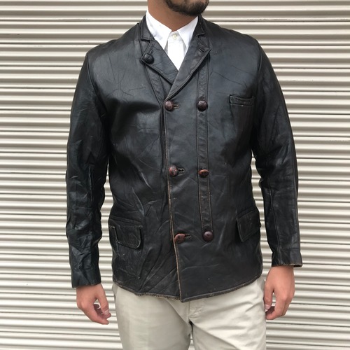 貴重 40s Swedish スウェーデン ヴィンテージ スウェーデン軍 レザー ダブルブレスト コルビジェ ジャケット カーコート 50s 山羊革