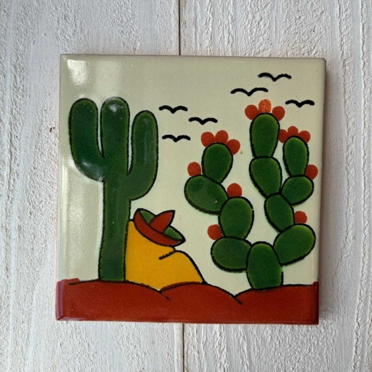 Mexico Talavera tile　メキシコタラベラタイル　001　サボテン　グリーン　ホワイト　10cm　コースター　鍋敷き　DIY　モザイクタイル　柄タイル　室内壁　室外壁　デザインタイル　レトロ　アートタイル　ハンドメイド