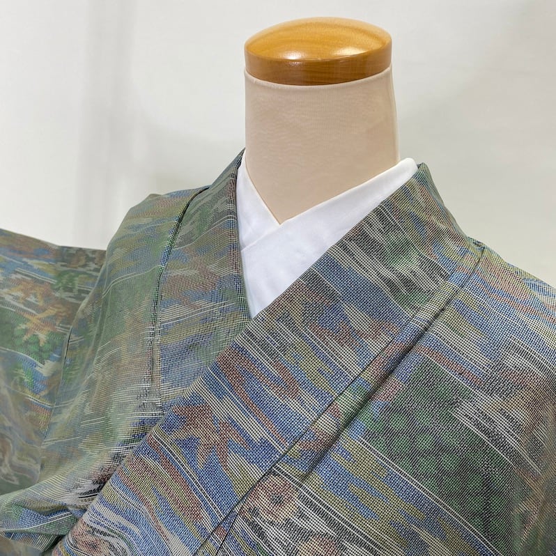 大島紬 美品 グレー基調 たて縞に格子 幾何学 正絹 160cm｜着物・浴衣