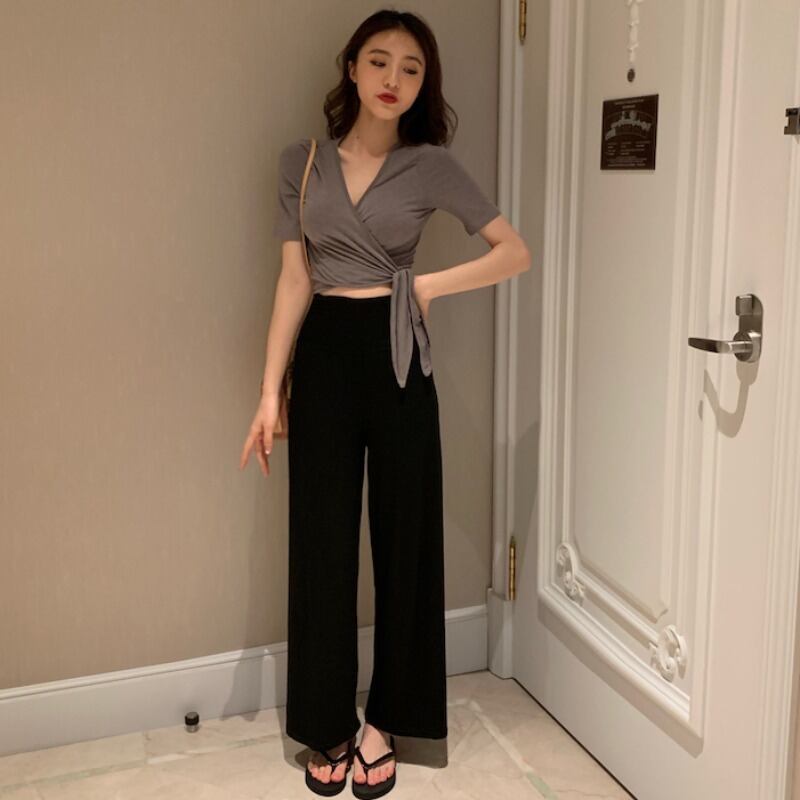 サマースリムVネックTシャツ ハイウェストウェストカジュアルパンツ 夏物 YY-ファッション36107441631