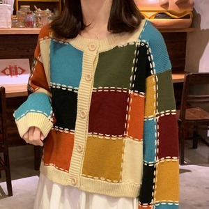 【送料無料】 ユニーク パッチワーク風 カラフル マルチカラー カーディガン 大人ガーリー ラブリー キュート デザイン ニット ボタン付 ラウンドネック 長袖 通学 レジャー 普段使い シティー デート 女子会 お出かけ デイリー TP-091KW