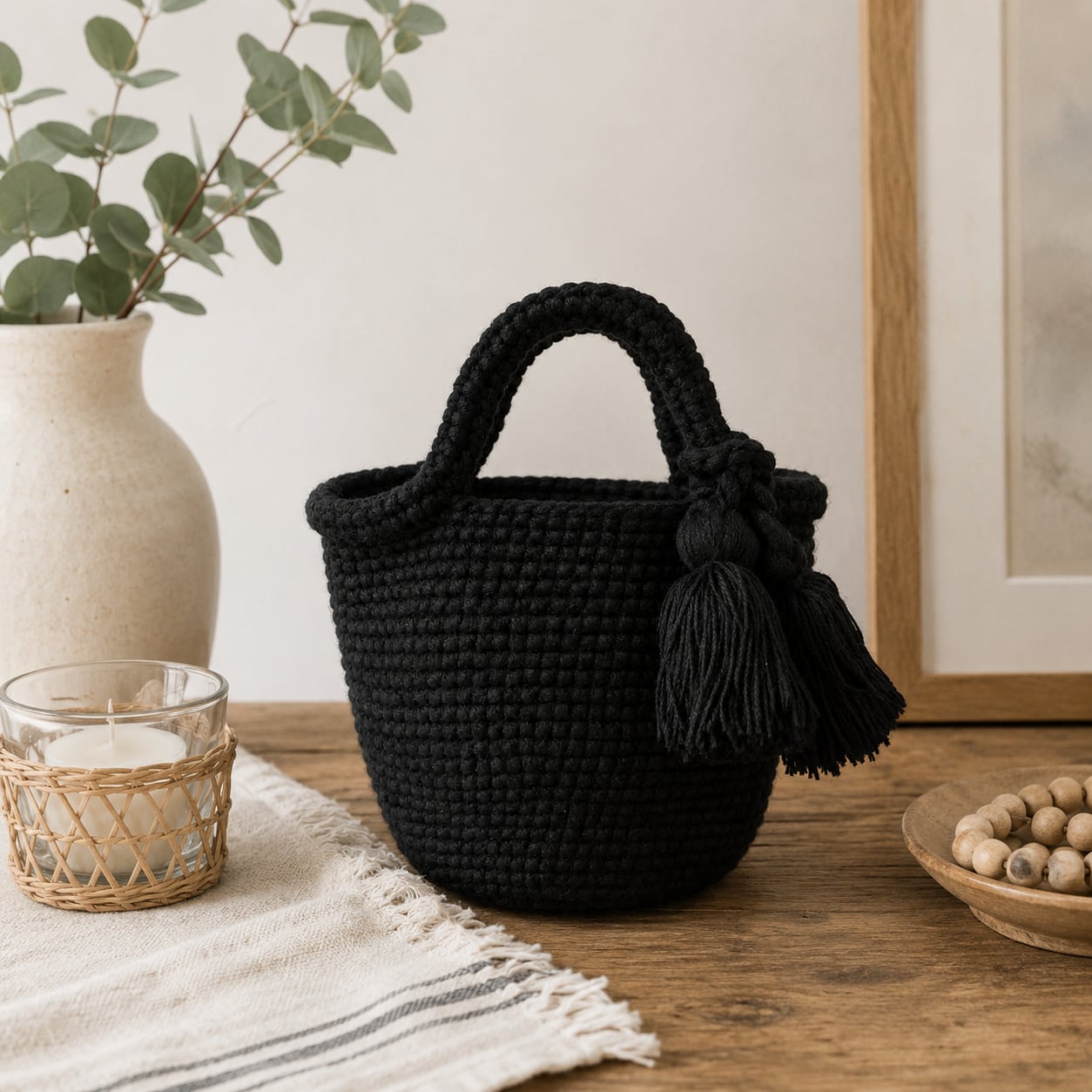 モロッコ ウールニットバッグ S|ハンドメイド タッセル付き ブラック