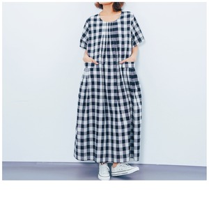 SALE！ギンガムチェックロングワンピース/M～L/ネイビー