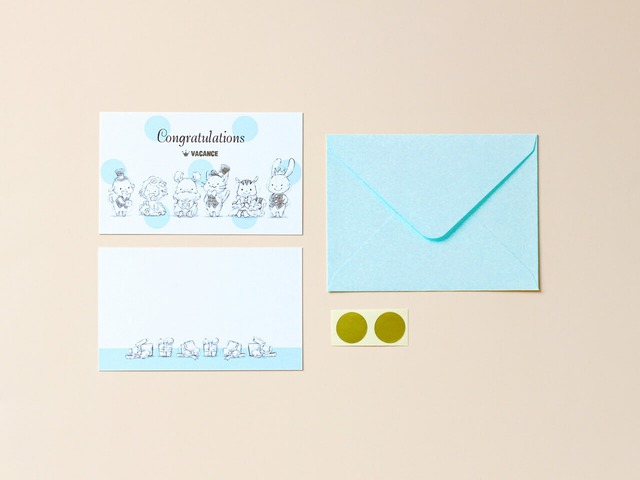 ミニメッセージカードセット　ブルー　水玉（カード4枚+封筒2枚+シール2枚）