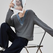 Vネックデニム切替スウェット H0027