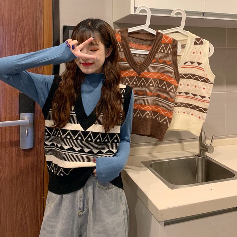 スプリングルーズスタンダードニットノースリーブトップス レトロ 春物 試着室69816770801