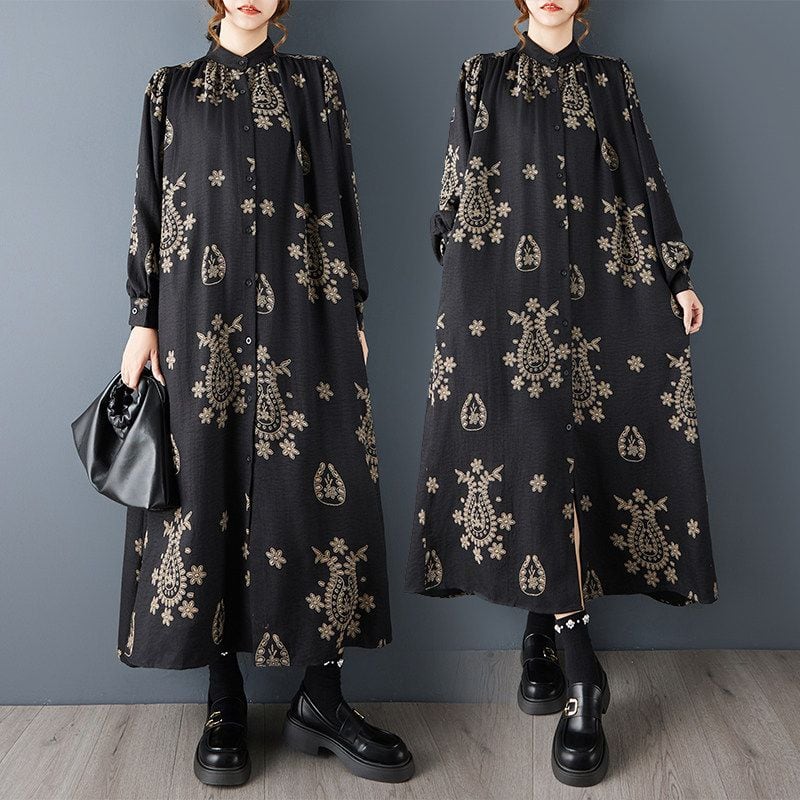 PRINT STAND COLLAR LONG SLEEVE MIDI SHIRT DRESS M-18824