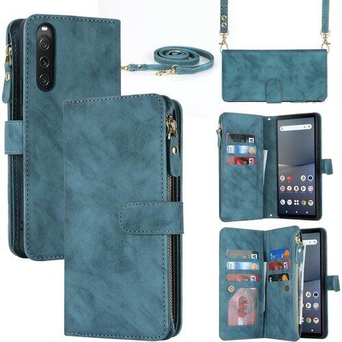 Pelanty for Xperia 10 V 縄掛けケース手帳型 SO-52D SOG11 携帯カバー 肩掛け斜めがけ ショルダー 合成皮革+TPU マグネット Sony Xperia 10 V 財布型カバー ICカード お札入れ小銭入れ大容量 収納ポケット スタンド機能 ソニー エクスペリア10V 10 5代 ストラップ付き 落下防止 耐衝撃 全面保護 肩縄付き-ブルー 2031